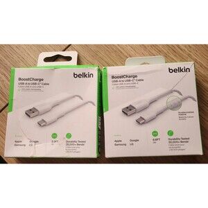 2 Pieces Belkin USB-A to USB-C Cable 6.6 ft (2M) and 3.3FT(1M) White OPEN BOX